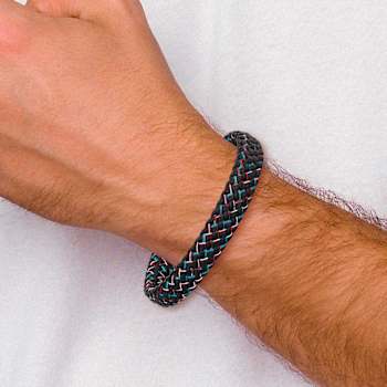Stainless Steel Polished Black Leather with Multi-color Wire 8.25-inch Bracelet
