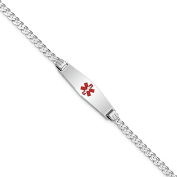 Rhodium Over 14k White Gold Medical Soft Diamond Shape Red Enamel Flat
Curb Link ID Bracelet