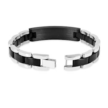 Mens Stainless Steel, Black Leather and Carbon Fiber Link Bracelet