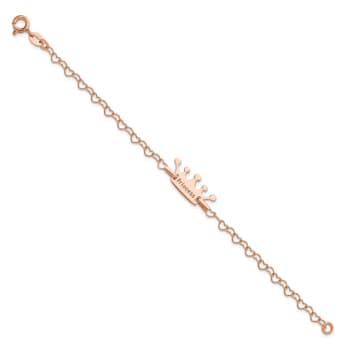 14K Rose Gold Over Sterling Silver Princess Crown Heart Link Children's Bracelet