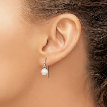Rhodium Over Sterling Silver Polished 7-8mm Freshwater Cultured Pearl
Dangle Earrings