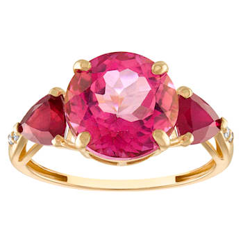 10K Yellow Gold Round Pink Topaz, Ruby, and Diamond Ring 4.82ctw