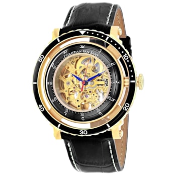 Christian Van Sant Men's Dome Yellow Skeleton Dial, Black Bezel, Black
Leather Strap Watch