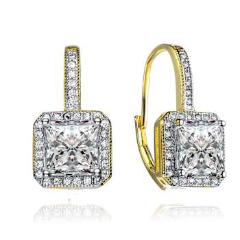 Princess-Cut CZ Halo Drop Earrings In 14K Gold Over Brass