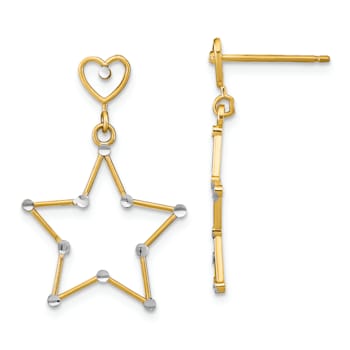 14K Two-tone Gold Diamond-Cut Heart and Star Dangle Earrings