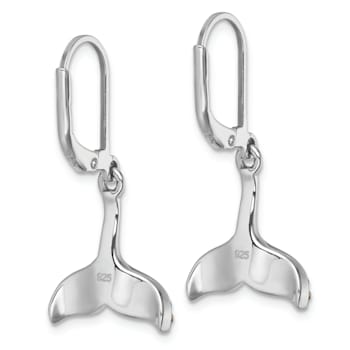 Rhodium Over Sterling Silver Polished Crystal Whale Tail Dangle Earrings