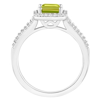 8x6mm Emerald Cut Peridot 1/4 ctw Diamond Rhodium Over Sterling Silver
Halo Ring