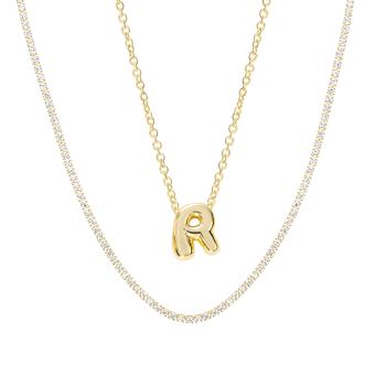 CZ Initial R Tennis Necklace And Pendant Set In 14K Gold Over Brass 4.05ctw