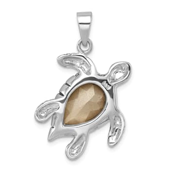 Rhodium Over Sterling Silver Antiqued Blue Crystal Turtle Pendant