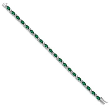 Rhodium Over 14k White Gold Oval Lab Created Emerald and Diamond Bracelet