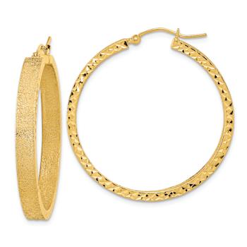 14k Yellow Gold 1 7/16" Satin and Diamond-cut Hoop Earrings