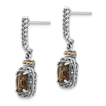 Sterling Silver with 14K Accent Antiqued Smoky Quartz Post Dangle Earrings