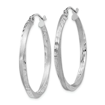 Rhodium Over Sterling Silver Satin Diamond-cut 2.5x30mm Twisted Hoop Earrings