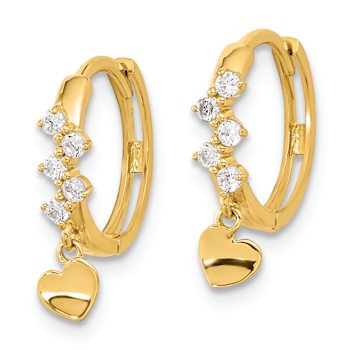 14K Yellow Gold Cubic Zirconia Heart Dangle Hinged Hoop Earrings