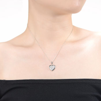 Pave CZ Heart Pendant Necklace In White Rhodium Over Brass
