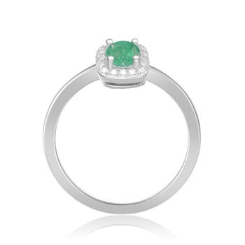 Rhodium Over Sterling Silver Round Emerald and Moissanite Halo Ring