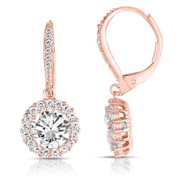CZ Halo Drop Earrings In 18K Rose Gold Over Sterling Silver