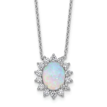 Rhodium Over Sterling Silver Lab Created Opal and Cubic Zirconia Oval
Halo Necklace