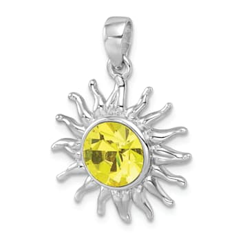 Rhodium Over Sterling Silver Polished Yellow Crystal Sun Pendant