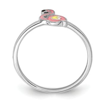 Rhodium Over Sterling Silver Multi-color Enameled Flamingo Children's Ring