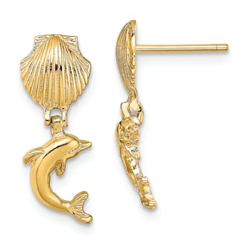 14K Yellow Gold Textured Dolphin Dangle From Mini Scallop Earrings