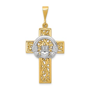 14k Yellow Gold and 14k White Gold Textured Claddagh Cross Pendant
