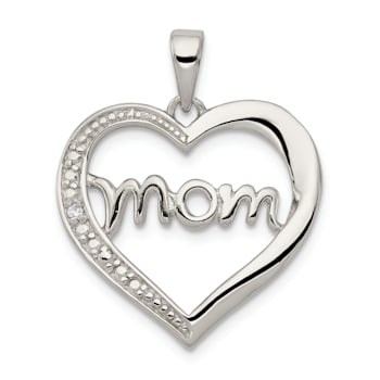 Rhodium Over Sterling Silver MOM Cubic Zirconia Heart Pendant