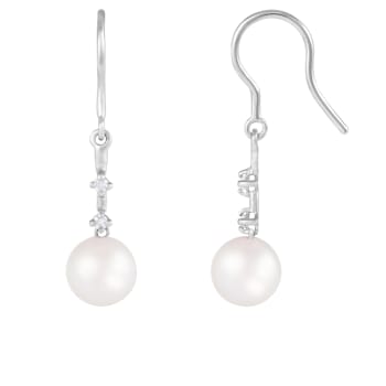 7-7.5mm Akoya Pearl with Diamond Accent 14K White Gold Dangle Earrings, 0.08ctw