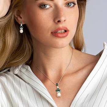 8.5-10MM Freshwater Cultured Pearl and Multigem Drop Earrings and
Pendant Set in Sterling Silver