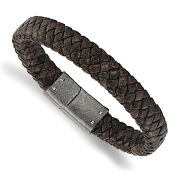 Brown Braided Leather and Stainless Steel Brushed 8.25-inch Bracelet