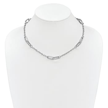Rhodium Over Sterling Silver Polished and Hammered Link Necklace
