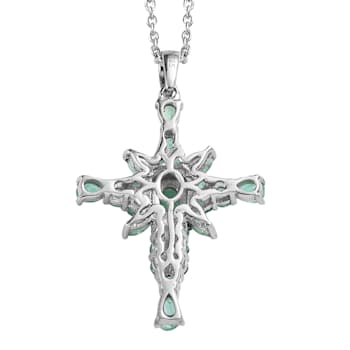 Sterling Silver Zambian Emerald and White Zircon Pendant With Chain 2.15ctw