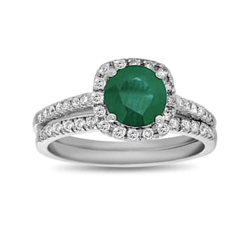 1.35ctw Emerald and Diamond Engagement Ring with Band Ring in 14k White Gold