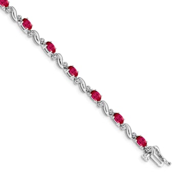 Rhodium Over 10k White Gold Diamond and Ruby Bracelet