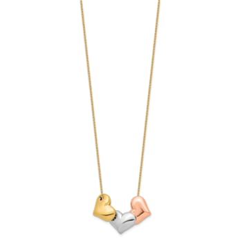 14K Tri-color Polished Hearts 17-inch with 1-inch Extension Necklace