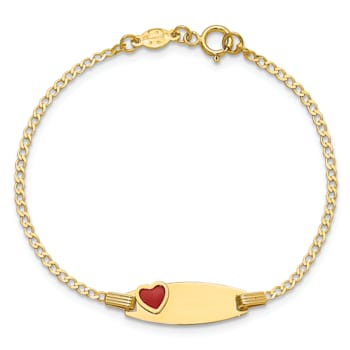 14k Yellow Gold Polished Kids ID with Red Enameled Heart Bracelet