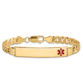 14k Yellow Gold Medical Red Enamel Curb Link ID Bracelet