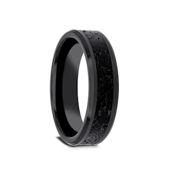 VESUVIUS Men’s Polished Black Ceramic Band with Lava Rock Stone Inlay
& Polished Beveled Edges 6mm
