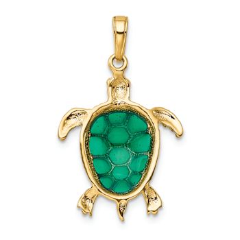 14k Yellow Gold Textured Green Enameled Sea Turtle Pendant