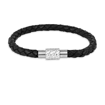 Mens Black Leather Braided Rope Bracelet with Stainless Steel Magnetic Closure