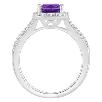7mm Cushion Amethyst 1/4 ctw Diamond Rhodium Over Sterling Silver Halo Ring