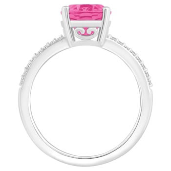 10x8mm Oval Pink Topaz and 1/10 ctw Diamond Rhodium Over Sterling Silver Ring