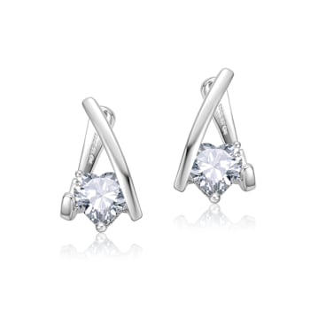 Heart Shape CZ Huggie Earrings In White Rhodium Over Brass