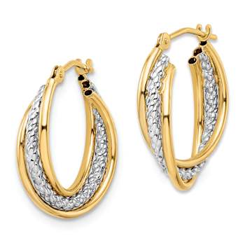 14k Two-tone Polished 3/4" Textured Hoop Earrings