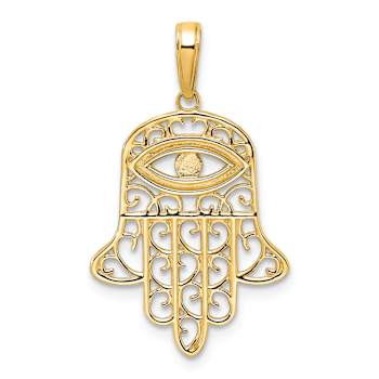 14k Two-tone Gold  Diamond-Cut Filigree Evil Eye Hamsa Pendant