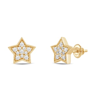 White Cubic Zirconia 14k Yellow Gold Star Earrings With Velvet Gift Box 0.30ctw
