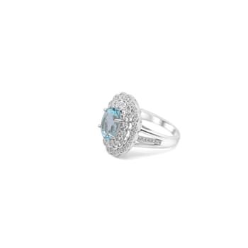 10x8mm Oval Aquamarine and White CZ Rhodium Over Sterling Silver Ring, 2.46ctw