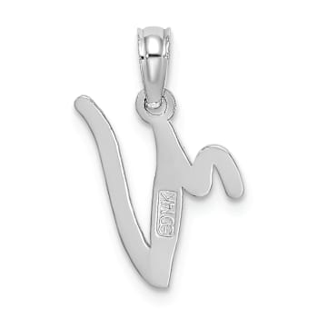 Rhodium Over 14k White Gold Polished Script Letter V Initial Pendant