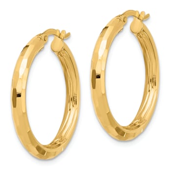 14k Yellow Gold 1 1/16" Polished and Diamond-Cut Hoop Earrings