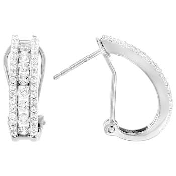 Round CZ J-Hoop Earrings In Sterling Silver